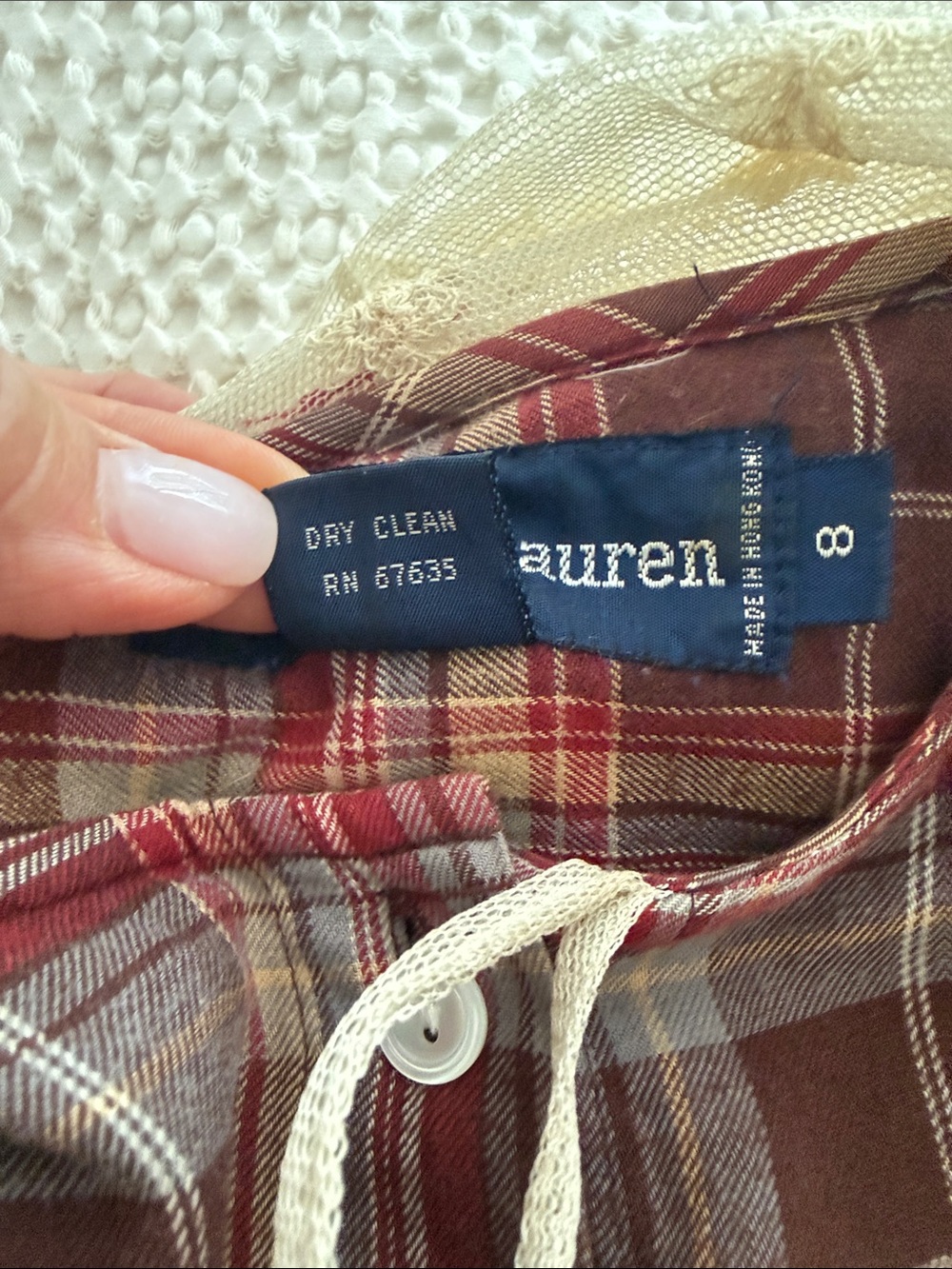 Vintage 80’s Ralph Lauren Plaid Flannel Button Front
Lace Trim Scarf Cuffs - Picture 14 of 16